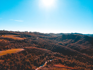 Aerial landscape of sunny European forest hills