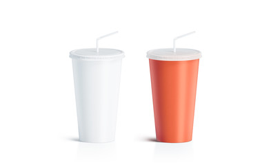 Blank white and red disposable cup with straw mock up, isolated. Empty paper soda drinking mug...