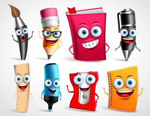 School characters vector illustration set. Education items 3D cartoon mascots like pencil and book for back to school elements isolated in white background.
 - obrazy, fototapety, plakaty