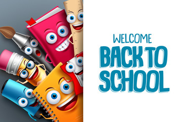 Back to school characters vector background template with funny education cartoon mascots and empty white space for educational text. Vector illustration.
