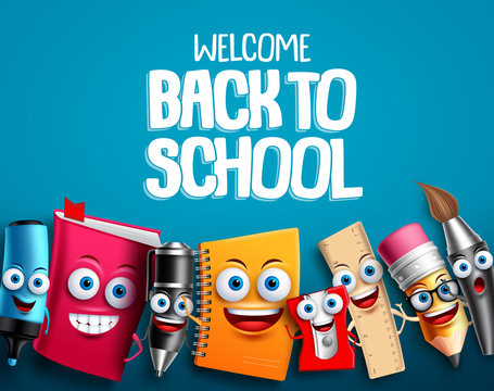 Back to school characters set vector background design with colorful funny educational cartoon mascots elements and text in blue background. Vector illustration.
