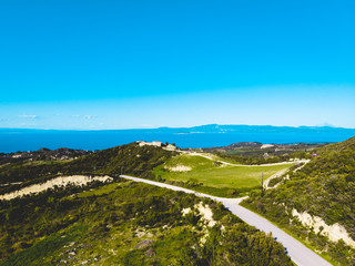 Aerial view of roads through mountainous terrain
