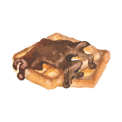 Delicious crispy Viennese waffles with chocolate painting by watercolor on white background, hand drawn illustration. Food concept