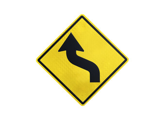yellow Traffic Signs&rdquo; Left curve &ldquo; isolated at on white background of file with Clipping Path .