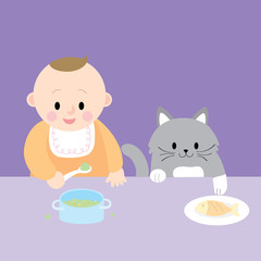 Cartoon cute baby and cat eating on table vector.