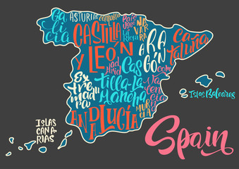 Silhouette of the map of Spain with hand-written names of regions, provinces - Catalonia, Andalusia, Galicia, etc. Handwritten lettering on the background of Spain map.