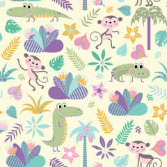 Children background with crocodiles and monkeys