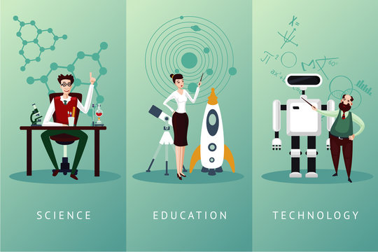 Scientist vector cartoon characters set. Science and education concept. Technology backgrounds collection.