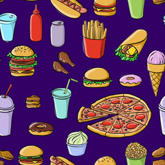 vector seamless pattern with drawing fastfood