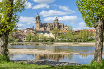 Fototapeta na wymiar Catedrales de Salamanca desde la orilla del rio Tormes un día de primavera