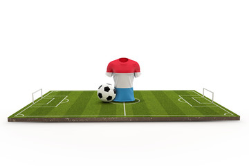 Luxembourg soccer shirt national flag on a football pitch. 3D Rendering