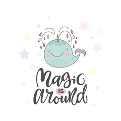 Funny whale and lettering about magic