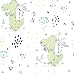 Childish seamless pattern with hand drawn dino.