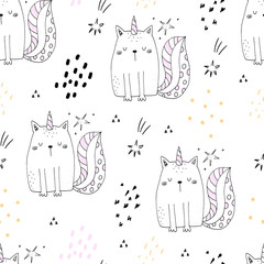 Seamless pattern with hand drawn cute cats unicorn. Cartoon cat vector illustration