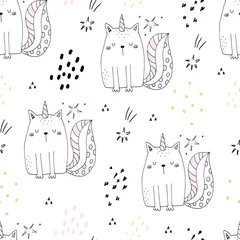 Tapeten Nahtloses Muster mit Hand gezeichnetem nettem Katzeneinhorn. Cartoon-Katze-Vektor-Illustration © iryna_boiko