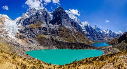 Fototapeta na wymiar The Huayhuash trek is probably one the most interesting and scenic in the world : wild, remote it brings the curious hiker through some incredibly scenic places