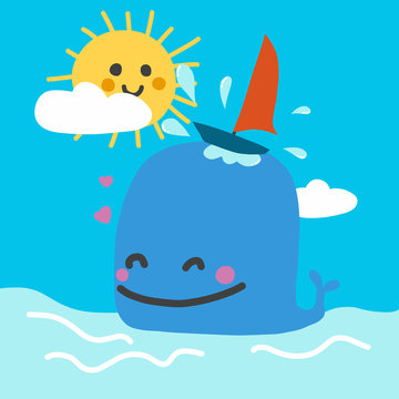 Cute blue whale with boat surfing and sun smile cartoon doodle vector illustration