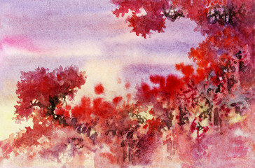 Fototapeta na wymiar Red landscape, watercolor illustration. Colorful handmade landscape. Red autumn. Red trees. Scarlet tree crowns against a purple sky.