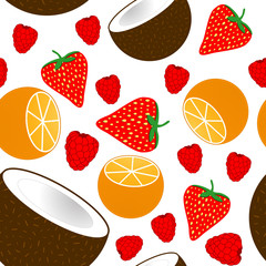 Summer berries and fruit vector seamless background. Coconut, strawberries, raspberries, oranges isolated on white