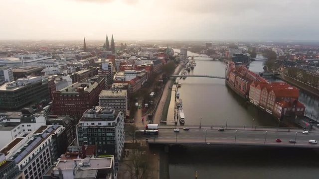 aerial Over The Weser In Bremen 4k