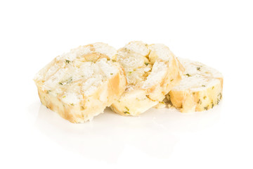 Three Calsbad bread dumpling slices isolated on white background fresh steamed.