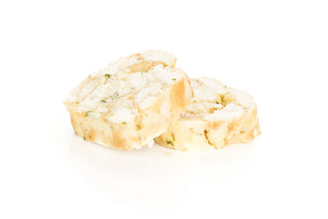 Two Calsbad bread dumpling slices isolated on white background fresh steamed.