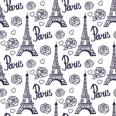Vector Seamless pattern Paris black ink Eiffel Tower. - 204086581