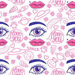 Pink Doodle Space seamless pattern. Vector illustration.