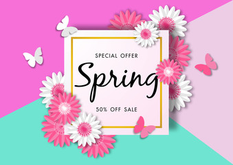 Spring sale background with beautiful flower, vector illustration template