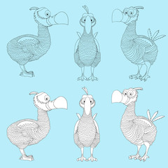 Dodo bird. Cartoon extinct species Dodo painted in black and white in three sides for games and coloring book. © KyivnataliS