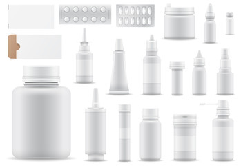 Pharmacy vector medicine drugs or pills in container or mockup bottle illustration medication or pharmaceutics set of medical treatment or healthcare isolated on white background