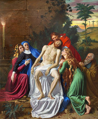 PARMA, ITALY - APRIL 16, 2018: The painting of Deposition (Pieta) in church Chiesa di San Vitale by D. Pozzi (1894 - 1946).