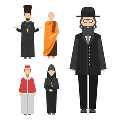 Religion people characters vector group of different nationalities human wearing traditional clothes
