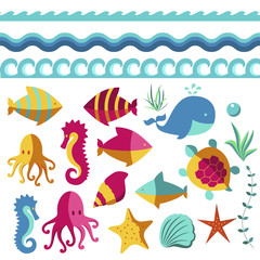 Nautical animal elements wave ocean sea blue marine vector illustration.