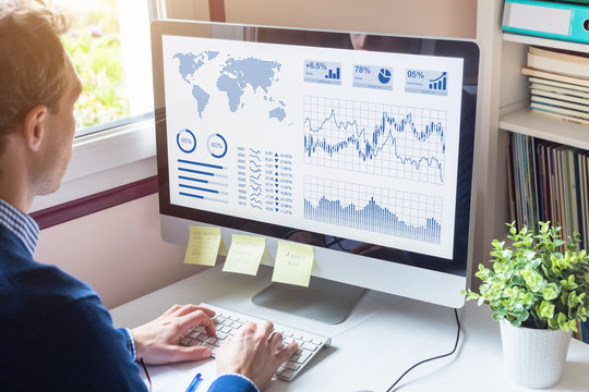 Businessman Analyzing Business Analytics Dashboard With KPI, Financial Metrics, Fintech