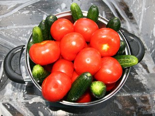 Tomatoes and cucumbers in a metal pan.