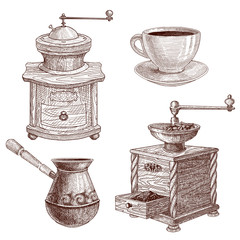 Hand drawn coffee grinder, cezve and coffee cup.