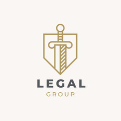 Lawyer Advocate Logo design vector template Linear style. Law firm line trend logotype icon vector design. Universal legal, advocate, lawyer, scales sword shield justice idea creative premium symbol. 