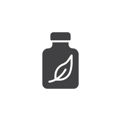 Medicine bottle with leaf inside vector icon. filled flat sign for mobile concept and web design. Herbal medicine drug simple solid icon. Symbol, logo illustration. Pixel perfect vector graphics