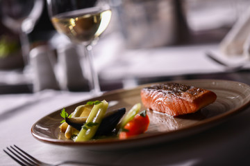 gourmet meal with wine