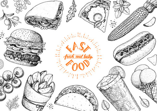 Fast food sketch collection. Vector illustration. Junk food set. Engraved style illustration. Fast food top view frame.