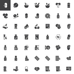 Medicaments vector icons set, modern solid symbol collection, filled style pictogram pack. Signs, logo illustration. Set includes icons as pills, mortar, herbal, medicine, vitamin, pharmacy medical