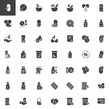 Medicaments vector icons set, modern solid symbol collection, filled style pictogram pack. Signs, logo illustration. Set includes icons as pills, mortar, herbal, medicine, vitamin, pharmacy medical