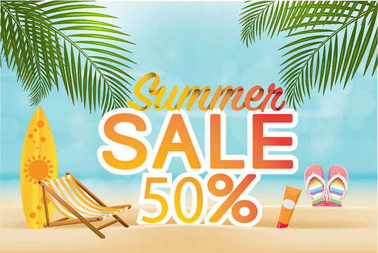 Summer sale discount  End of season banner on location beautiful beach background. Can used for gift voucher, poster,advertising social media and cover magazine promotion. Vector illustration 