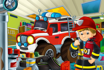 cartoon scene garage with fireman working repearing some vehicle - fire brigade car - or cleaning work place - illustration for children