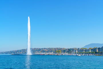 The Jet d'Eau or Water jet fountain, Geneva city landmark,  Switzerland