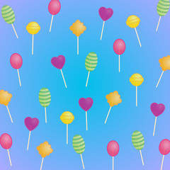 Delicious sweet pattern: transparent lollipops on a blue background with a purple hue. Beautiful vector texture.
