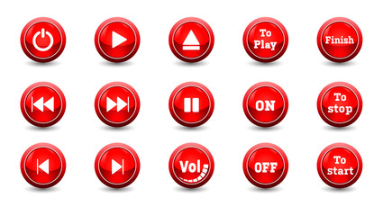 illustration electronic and technology concept,simple red icon button set,for control panel isolated on white background for finger push to start and other,beautiful 3D dimension button for dashboard