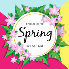 Spring sale background with beautiful flower, vector illustration template