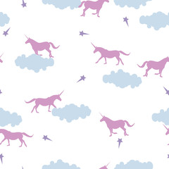 Seamless pattern pink Unicorn, clouds, stars on white, vector eps 10